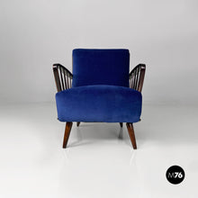 画像をギャラリービューアに読み込む, Dark blue velvet and black wood armchairs, 1960s
