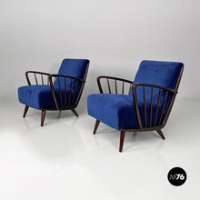 画像をギャラリービューアに読み込む, Dark blue velvet and black wood armchairs, 1960s
