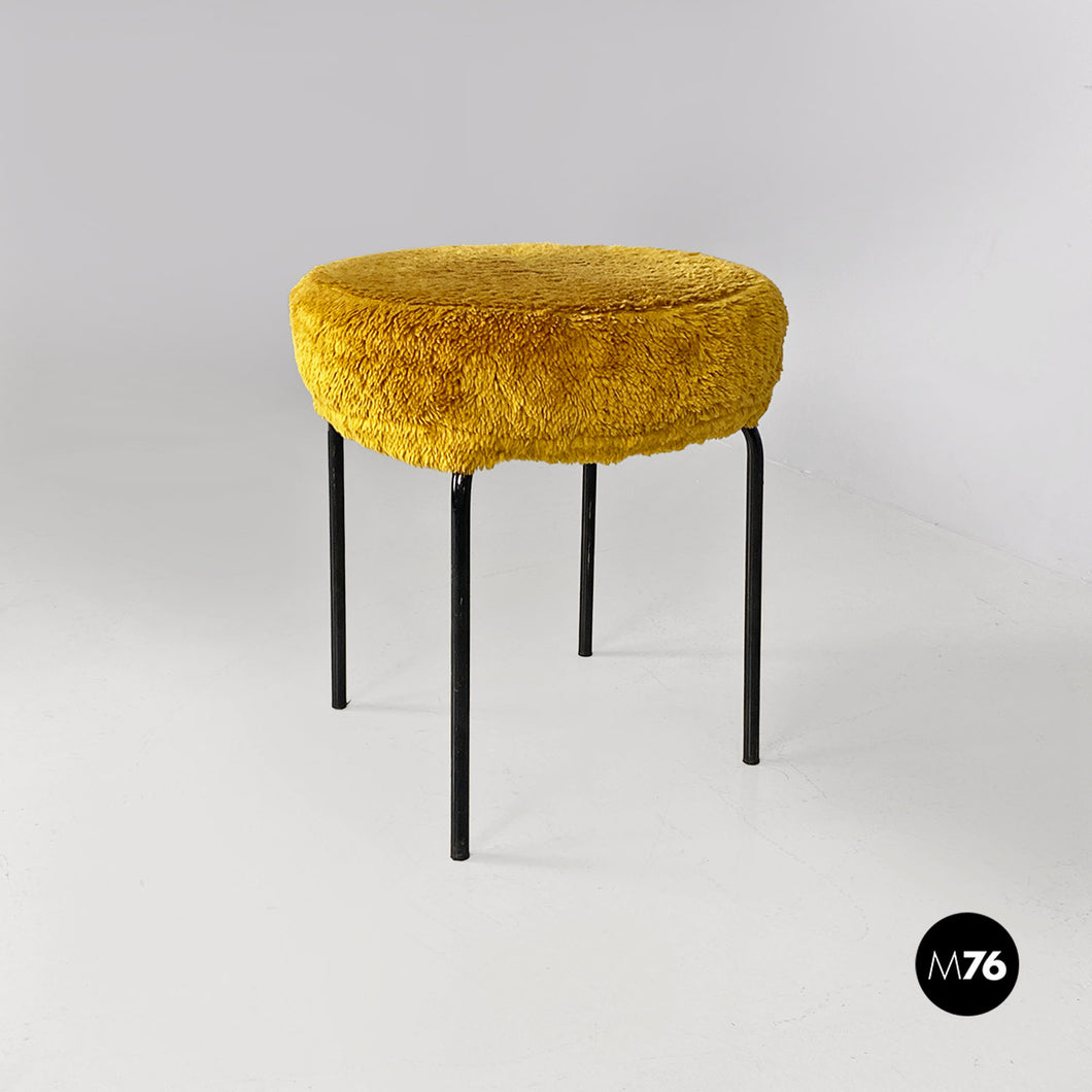 Dark yellow long pile fabric pouf or stool, 1970s