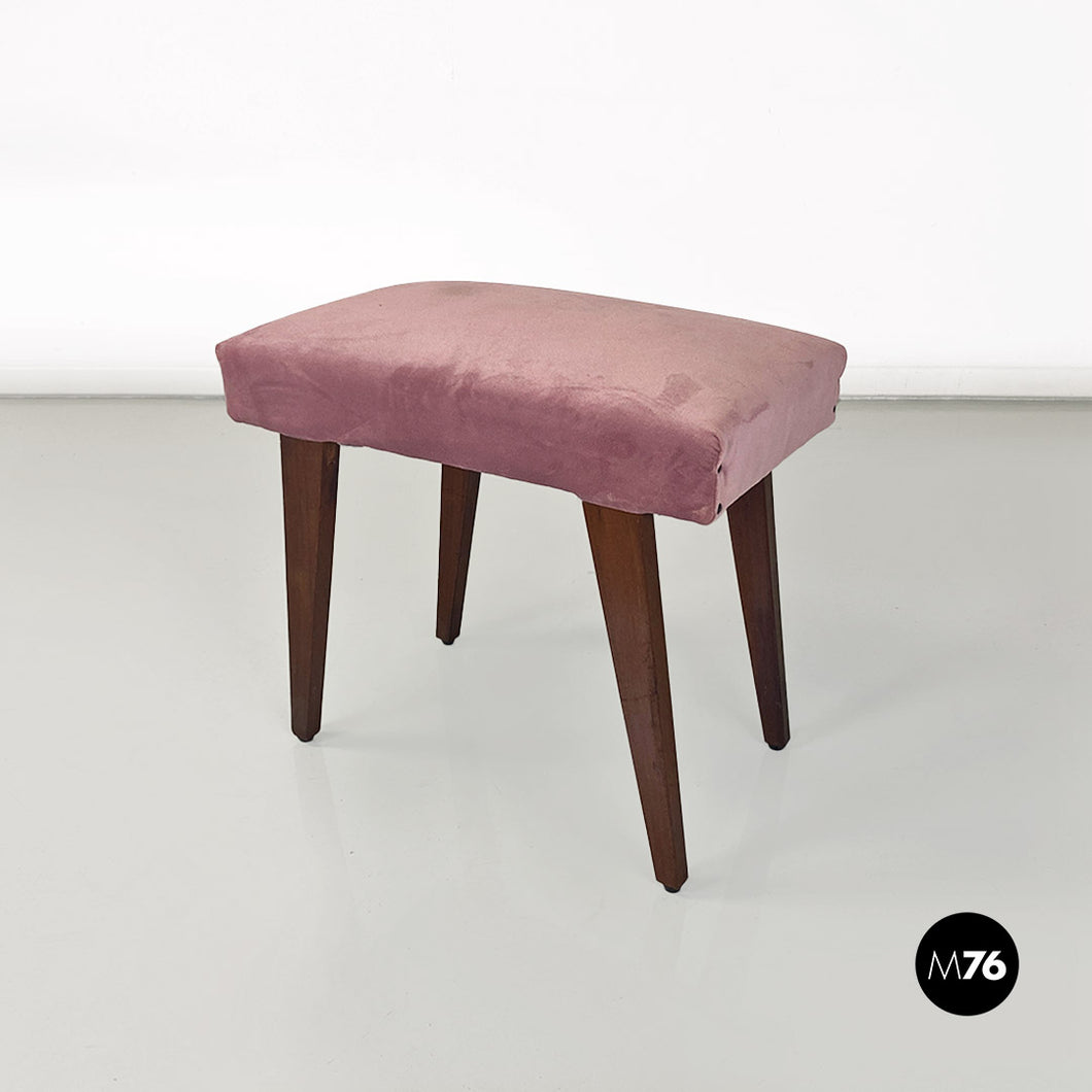 Pink velvet and wood footstool or pouf, 1960s