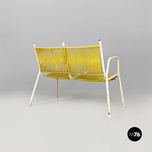 画像をギャラリービューアに読み込む, Yellow plastic and white metal two-seats bench with armrests, 1950s
