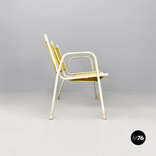 Load image into Gallery viewer, Yellow plastic and white metal two-seats bench with armrests, 1950s
