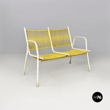 画像をギャラリービューアに読み込む, Yellow plastic and white metal two-seats bench with armrests, 1950s
