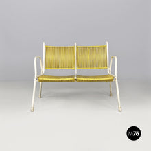 画像をギャラリービューアに読み込む, Yellow plastic and white metal two-seats bench with armrests, 1950s
