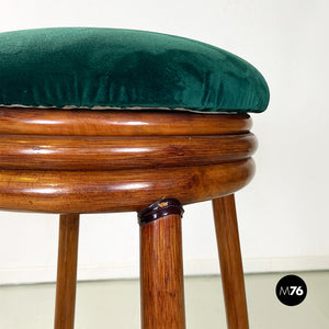 High forest green velvet and wood stools, 1970s