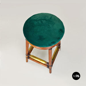 High forest green velvet and wood stools, 1970s