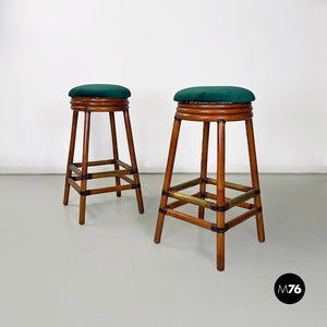 High forest green velvet and wood stools, 1970s