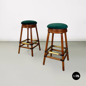 High forest green velvet and wood stools, 1970s