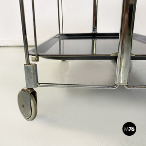 Chromed metal and black plastic food trolley on wheels, 1960s