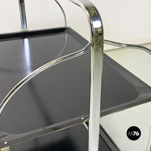 将图片加载到图库查看器，Chromed metal and black plastic food trolley on wheels, 1960s
