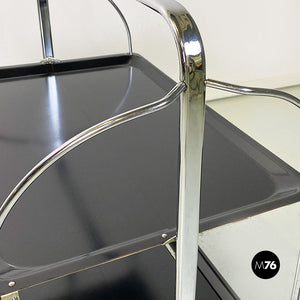 Chromed metal and black plastic food trolley on wheels, 1960s