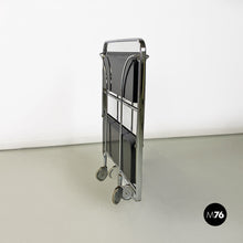 将图片加载到图库查看器，Chromed metal and black plastic food trolley on wheels, 1960s
