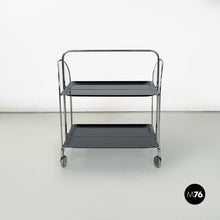 将图片加载到图库查看器，Chromed metal and black plastic food trolley on wheels, 1960s
