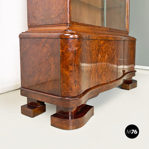 Wood and glass highboard with shelves and closed part, 1930s