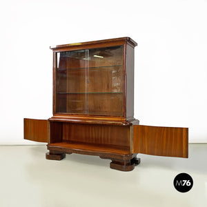 Wood and glass highboard with shelves and closed part, 1930s