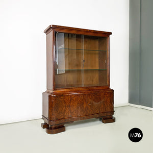 Wood and glass highboard with shelves and closed part, 1930s