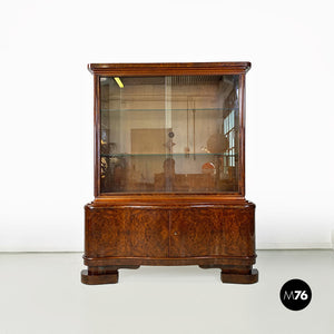 Wood and glass highboard with shelves and closed part, 1930s