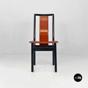 Brown leather and black wood chairs, 1970s