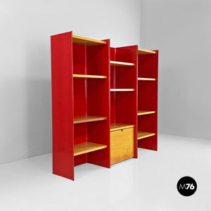 Wood and red metal self-supporting bookcase by Arflex, 1970s