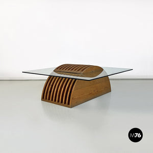 Solid wood base and glass top coffee table by Mario Ceroli for Poltronova, 1970s