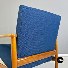 Load image into Gallery viewer, Solid beech and blue fabric small size armchair, 1960s
