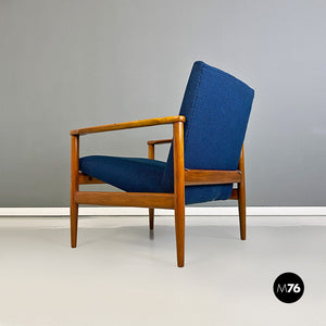 Solid beech and blue fabric small size armchair, 1960s