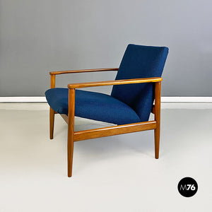Solid beech and blue fabric small size armchair, 1960s