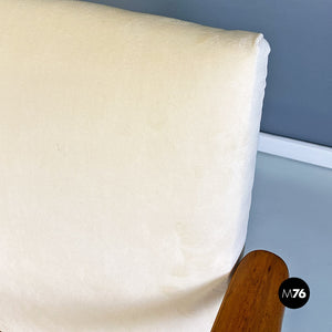 Cream white velvet and solid beech armchair, 1960
