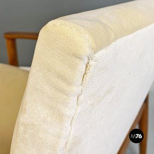 Cream white velvet and solid beech armchair, 1960