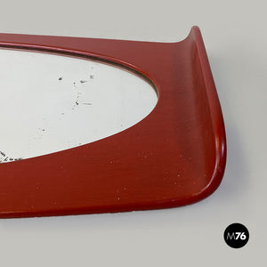 Oval, brick red, curved wood wall mirror, 1970s