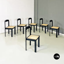 Load image into Gallery viewer, Black lacquered wood and Vienna straw chairs, 1980s
