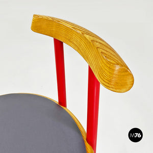 Red metal, wood and grey faux leather chair by Tito Agnoli, 1960s