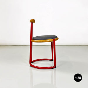 Red metal, wood and grey faux leather chair by Tito Agnoli, 1960s