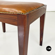 画像をギャラリービューアに読み込む, Brown leather and wood pouf or footstool, 1960s
