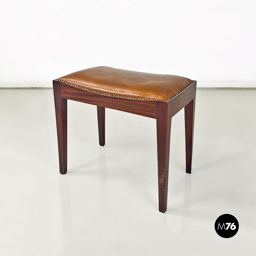 Brown leather and wood pouf or footstool, 1960s