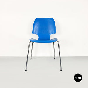 Light blue curved wood and chromed metal chair, 1960s