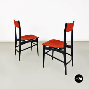 Black wood and original red fabric chairs, 1960s