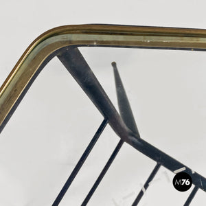 Decorated glass and metal coffee table with magazine rack, 1950s