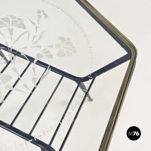 Load image into Gallery viewer, Decorated glass and metal coffee table with magazine rack, 1950s
