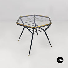 画像をギャラリービューアに読み込む, Decorated glass and metal coffee table with magazine rack, 1950s
