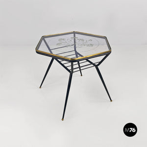 Decorated glass and metal coffee table with magazine rack, 1950s