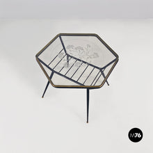 画像をギャラリービューアに読み込む, Decorated glass and metal coffee table with magazine rack, 1950s
