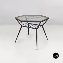 Load image into Gallery viewer, Decorated glass and metal coffee table with magazine rack, 1950s
