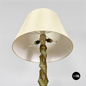 Green wood, white fabric and brass floor lamp, 1950s