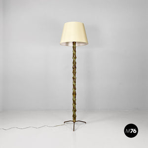 Green wood, white fabric and brass floor lamp, 1950s