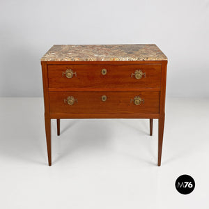 Wood, brass and marble chest of drawers, 1900s