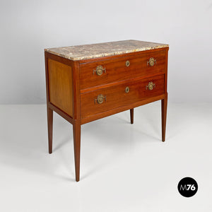 Wood, brass and marble chest of drawers, 1900s