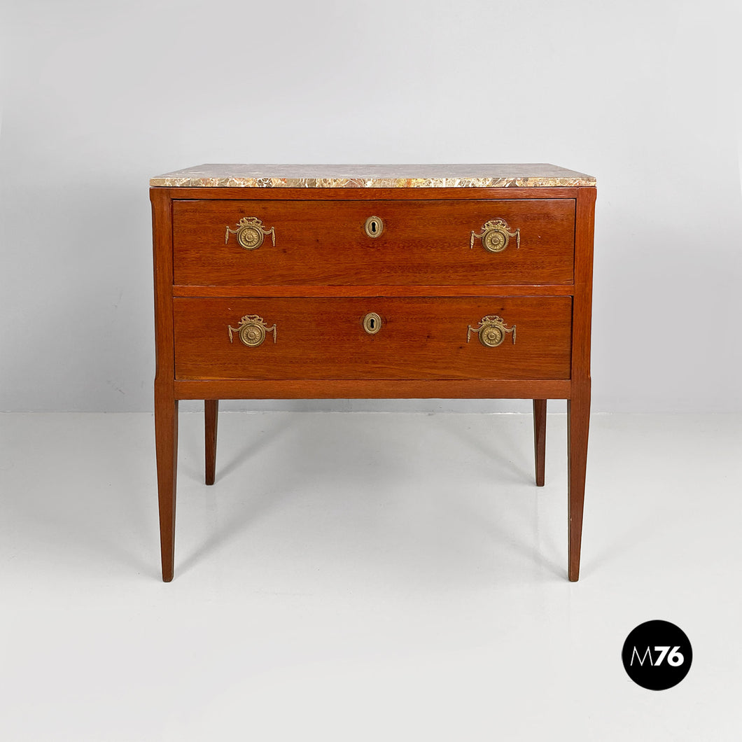 Wood, brass and marble chest of drawers, 1900s