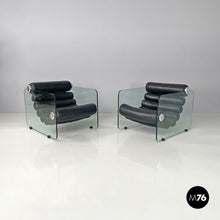 将图片加载到图库查看器，Black leather and glass armchairs Hyaline by Fabio Lenci for Comfort Line, 1970s
