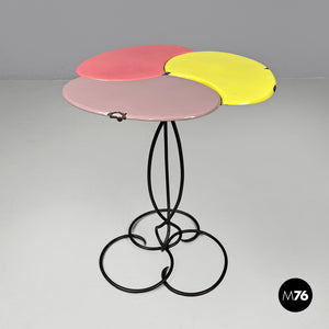 Pink lilac and yellow enamel wrought iron coffee table, 1950s